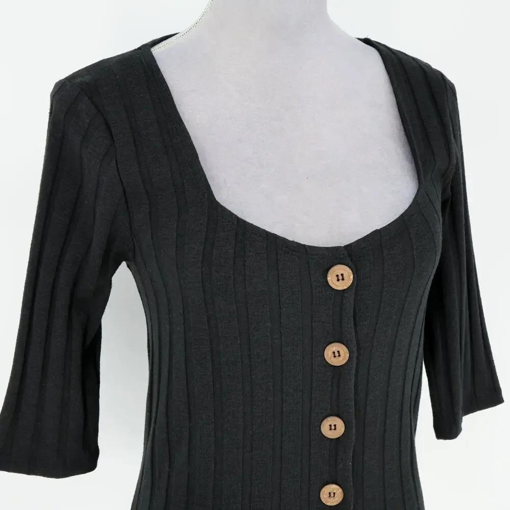 Free People Sweater Womens Medium Black Ribbed Knit Buttons Square Neck Y2K - Picture 6 of 15